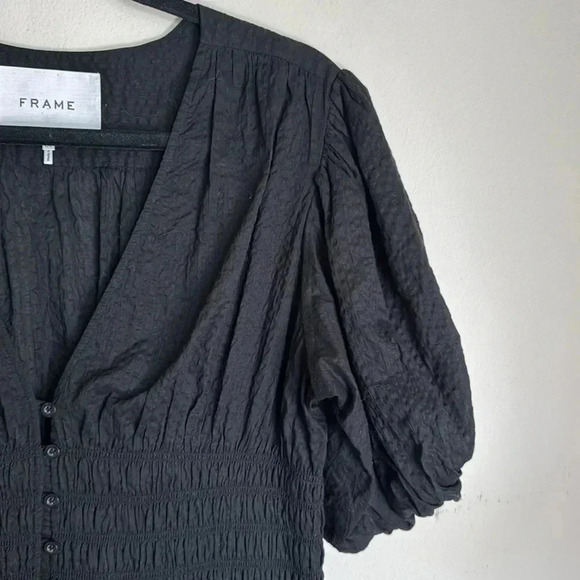 Frame Black Smocked Puff Sleeve Mini Dress Size Large - Picture 6 of 10